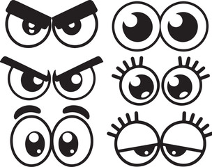 Diverse cartoon eyes with various expressions and styles black and white illustration