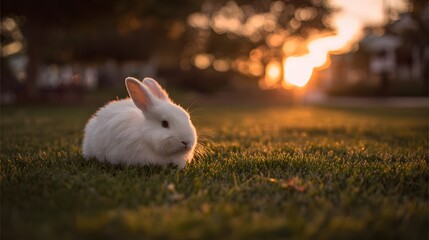 A small, white rabbit sits on a grassy field at sunset.
