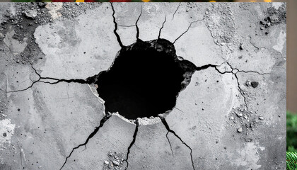 Crack Circle on Concrete: A stark image of a concrete surface, marked by a large, gaping circular hole and a network of radiating cracks.