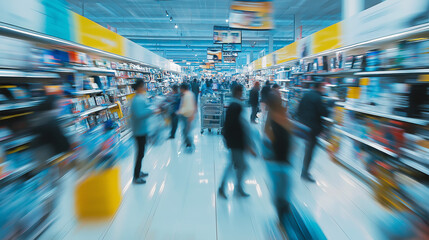 Busy supermarket aisle full of people in motion blur