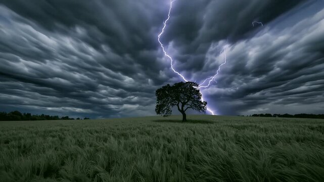 Dramatic stormy sky with lightning strikes over a lone tree in windy field