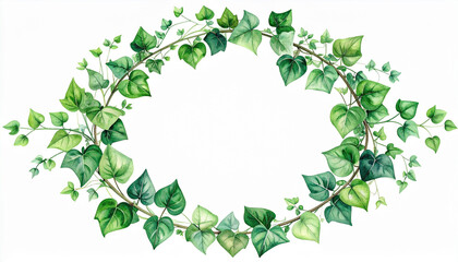 Fototapeta premium Elegant Green Ivy Wreath: A delicate, artistic watercolor of an ivy wreath, forming an oval frame perfect for adding your own message or a touch of natural beauty.