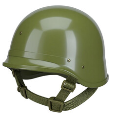 Fototapeta premium Military Green Helmet Isolated On White Background: A close-up shot of a sturdy military helmet, its glossy green surface reflecting the promise of safety, discipline