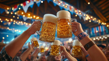 People toasting large beer mugs at Oktoberfest celebration