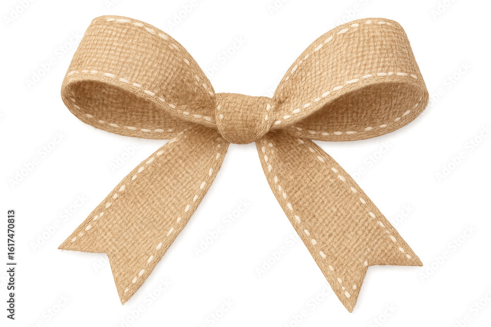 Poster realistic burlap ribbon bow with white stitching isolated on a transparent background, perfect for a