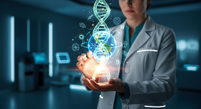 A scientist holds a glowing DNA helix, with a globe and digital interface, in a laboratory.