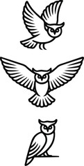 Stylized Owl Wing Motions Outline Set  Flying, Perching, and Gliding Positions
