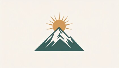 A minimalist illustration of a green mountain peak with a golden sun rising behind it, set against a light background.