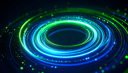 Obraz premium Digital Swirl of Energy: Captivating digital art featuring glowing neon spirals of blue and green energy, forming a dynamic, circular vortex that draws the viewer into its mesmerizing core.
