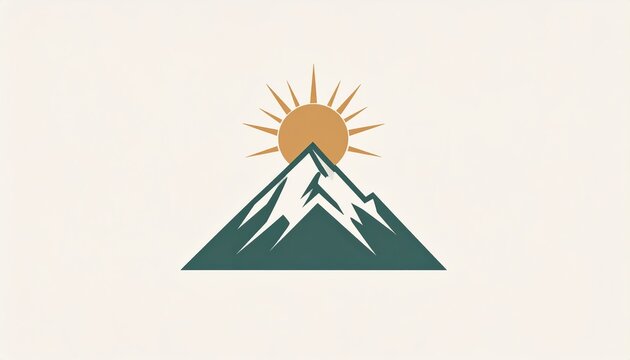 A minimalist illustration of a green mountain peak with a golden sun rising behind it, set against a light background.
