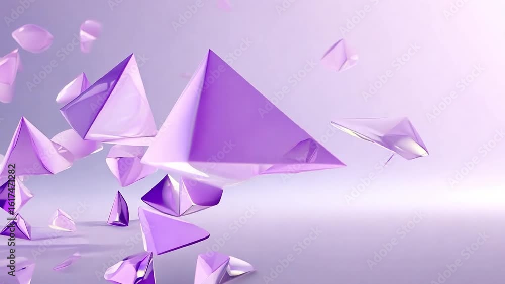 Poster abstract geometric shapes in purple floating depth and movement with soft gradient background, inspi
