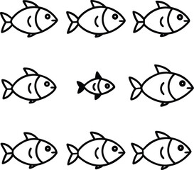 Fototapeta premium Nine Large Fish and One Small Fish: Bold Black Line Art Illustration