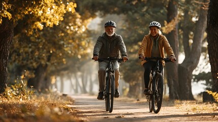 Senior couple cycling on a scenic park trail