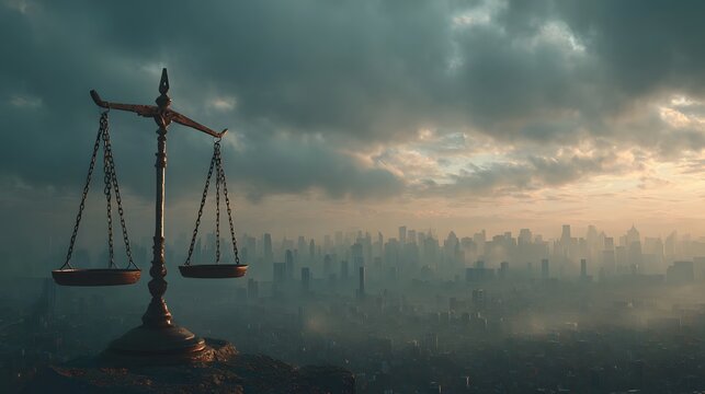 Scales of justice suspended over a city skyline