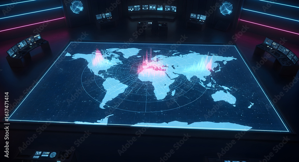 Poster futuristic control center monitoring global cyber network and data flow