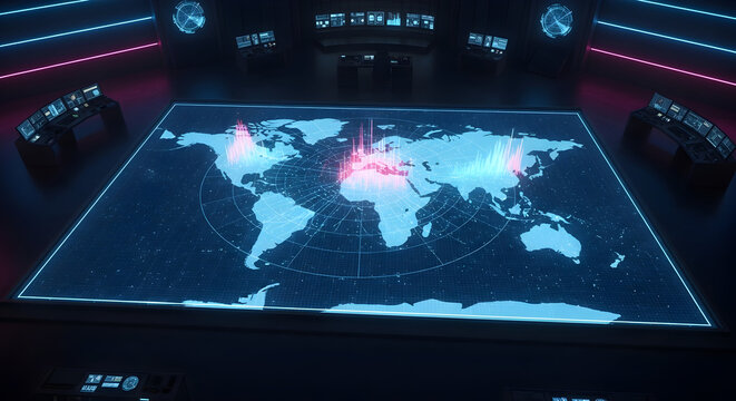 Futuristic control center monitoring global cyber network and data flow