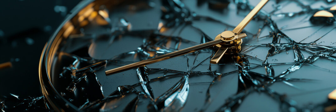 Close-up image of clock hands on broken glass, showing a metallic gold and silver color scheme with reflective textures and intricate details.