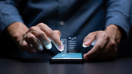 Person interacting with holographic data on smartphone hands technology
