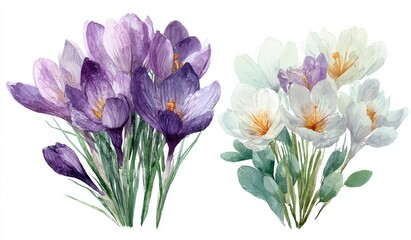 Two bouquets of crocuses, one purple-lavender, the other pale cream-white, rendered in watercolor style
