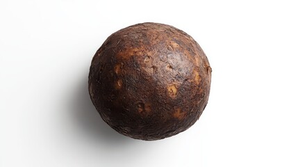 A single round brown and yellow taro root on a white background. Can illustrate nutrition, healthy eating, and ingredient concepts.