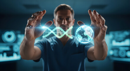 A doctor's hands hold a glowing holographic DNA helix intertwined with a miniature Earth, symbolizing global health and scientific advancement.