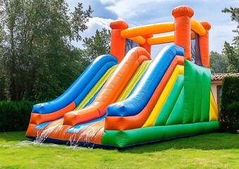 Colorful Inflatable Bounce House Slide on Green Lawn in Outdoor Playground under Sunny Sky