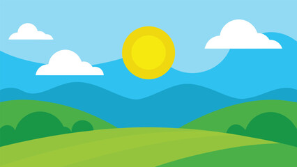 Bright sunny day over rolling green hills and mountains