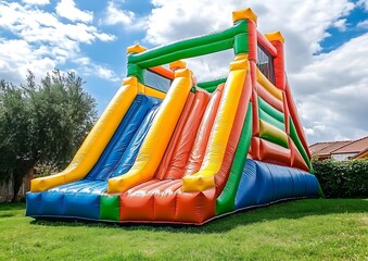 Colorful Inflatable Bounce House Slide on Green Lawn in Outdoor Playground under Sunny Sky