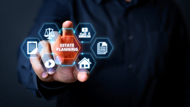 Person touching digital estate planning icons with legal and financial symbols digital interface