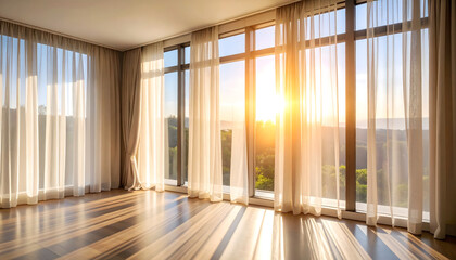 Bright Sunlight Through Sheer Curtains in a Minimalist Room