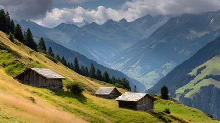 Rustic wooden farmhouses nestled in a valley amongst towering alpine mountains.