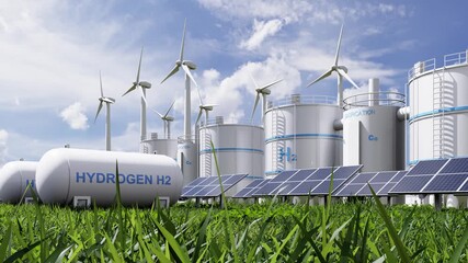 Hydrogen energy plant with wind turbines and solar panels- 3D rendering - Powered by Adobe