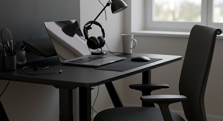 Modern home office setup with a laptop and ergonomic furniture. Minimalist workspace for remote work and productivity.