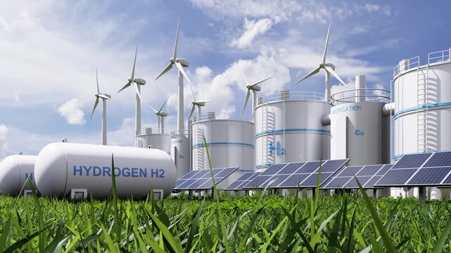 Hydrogen energy plant with wind turbines and solar panels- 3D rendering