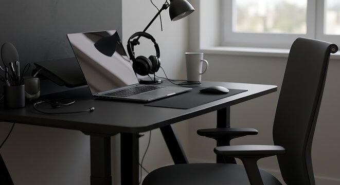 Modern home office setup with a laptop and ergonomic furniture. Minimalist workspace for remote work and productivity.