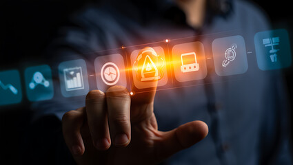 Person touching glowing digital interface with icons technology futuristic