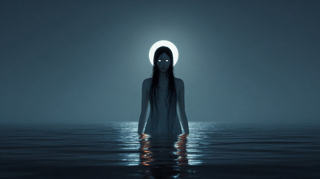 Midnight horror in the middle of the dark ocean sea lit full moon women ghost water spirit eerie scary pale face dark black dress