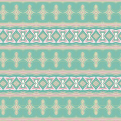 Geometric turquoise pattern with symmetrical butterfly-like motifs and soft pastels. A seamless decorative design for textiles or digital use.