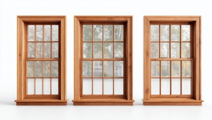 Obraz premium Three wooden windows, light brown frame, divided panes, on white background