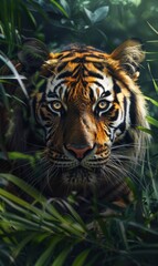 Intense gaze of a tiger peering through lush greenery , generate AI