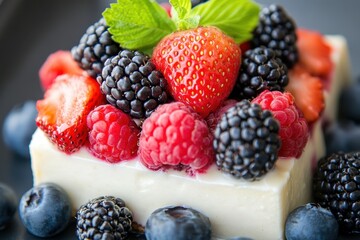 Close-up of a cheesecake square topped with colorful fresh berries and mint. Use for food blogs, menu design, or highlighting healthy desserts.