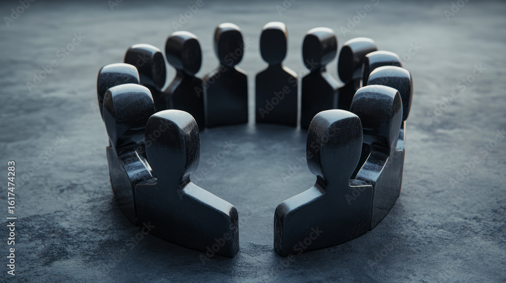 Poster black figures forming circle on grunge texture floor symbolizing unity and cooperation in business