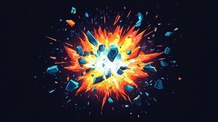 105.A bold and dynamic crash icon featuring an explosion of broken fragments. The shattered pieces radiate outward from a central point, with a bright, high-contrast color scheme that highlights the