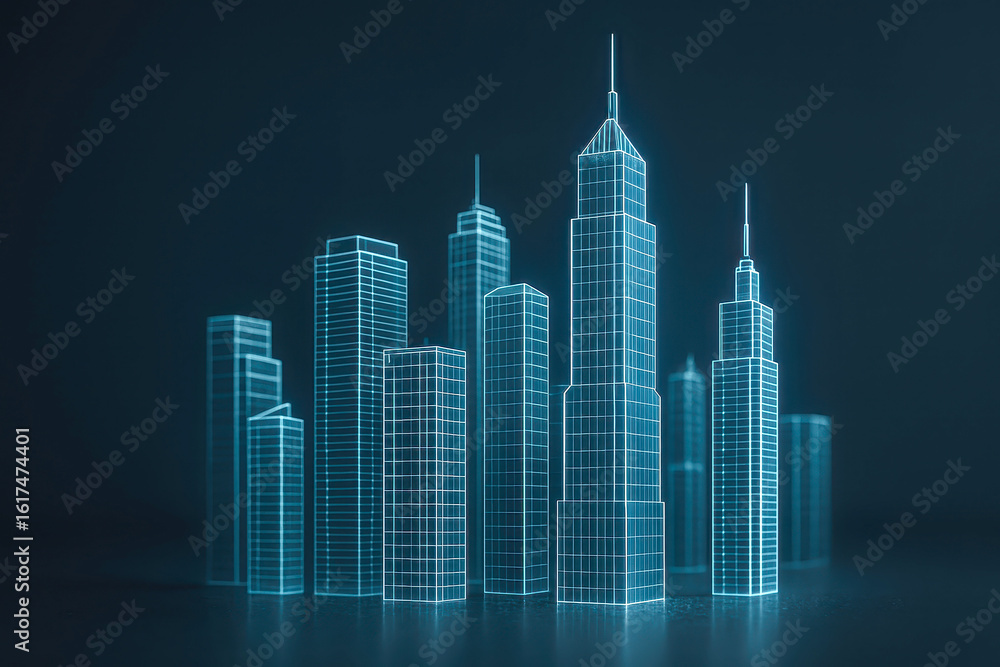 Poster smart city concept with glowing wireframe skyscraper models representing futuristic business and urb