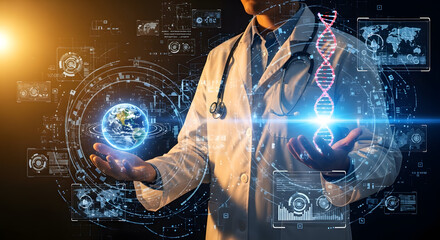 A doctor in a white coat holds a glowing Earth globe and a DNA strand, surrounded by futuristic medical technology interfaces.