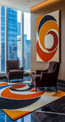 Create a contemporary area rug design for a study room, incorporating vibrant colors, bold geometric patterns, and modern art influences that create an attractive and artistic visual impact.