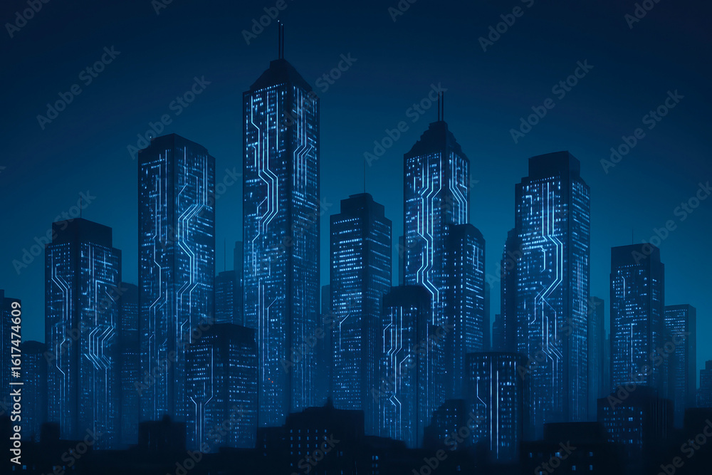 Poster smart city skyline at night with illuminated skyscrapers featuring digital circuit patterns symboliz