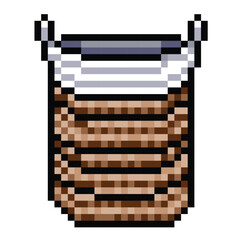Rattan woven basket storage organizer object with colorful pixel 8 bit style. Object drawing for games or social media decoration isolated on white background.