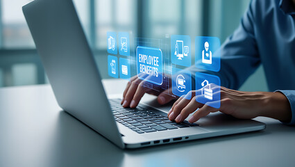 Person typing on laptop with employee benefits icons hands