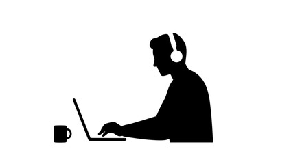 A silhouette of a person working on a laptop with headphones and a mug.